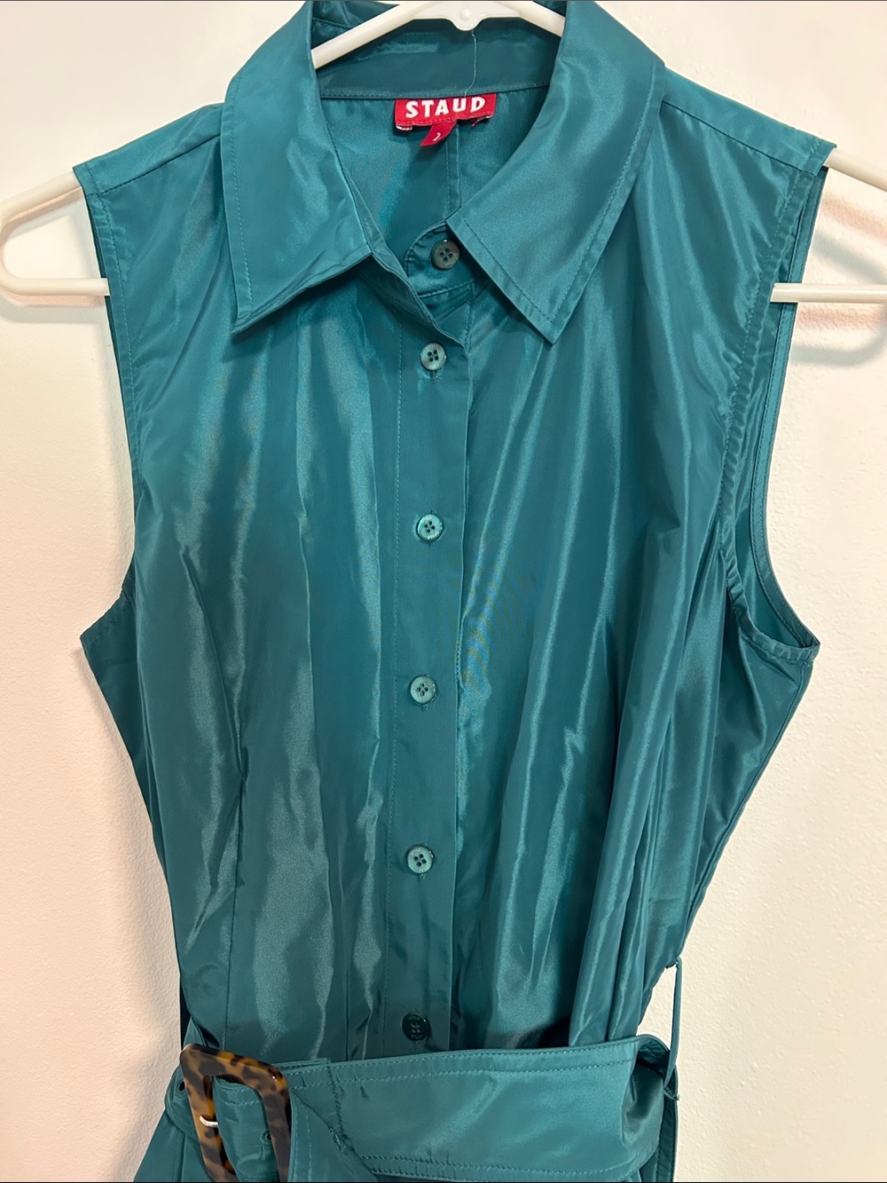 STAUD Teal Sleeveless Shirt Midi Dress with Belt - Picture 3 of 4